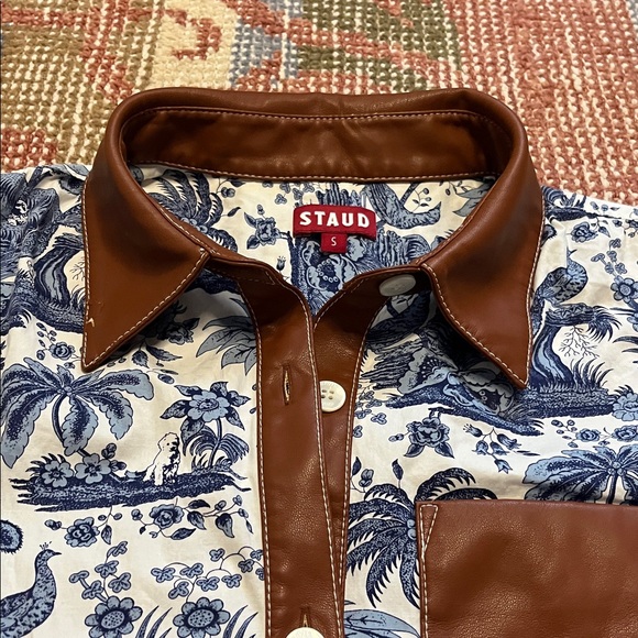STAUD Women's Switch Vegan Leather-trimmed Toile-print Poplin Mini Shirt Size S - Picture 4 of 10
